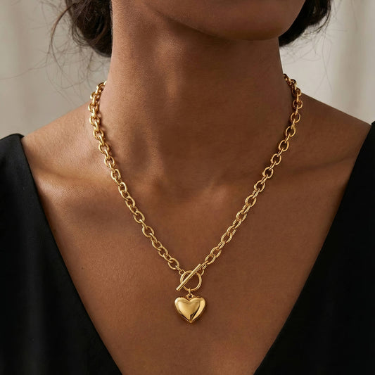 GOLD ETERNAL HEART TOGGLE NECKLACE - 18CT GOLD PLATED STEEL